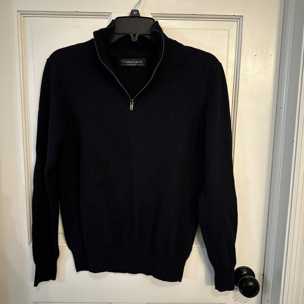Christian Lacroix Merino Wool Sweater Mens Small ? Black Quarter Zip Long Sleeve